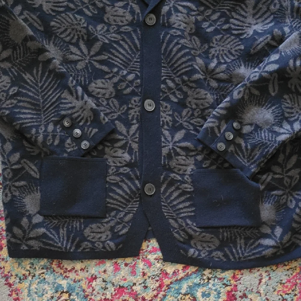 Paul Fredrick Navy and Charcoal Floral Jacquard Cardigan - Picture 2 of 6